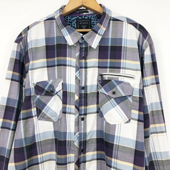 Guess Men's Button Front Shirt Purple Plaid Size XL Flip Cuff Long Sleeve Cotton - Picture 4 of 12